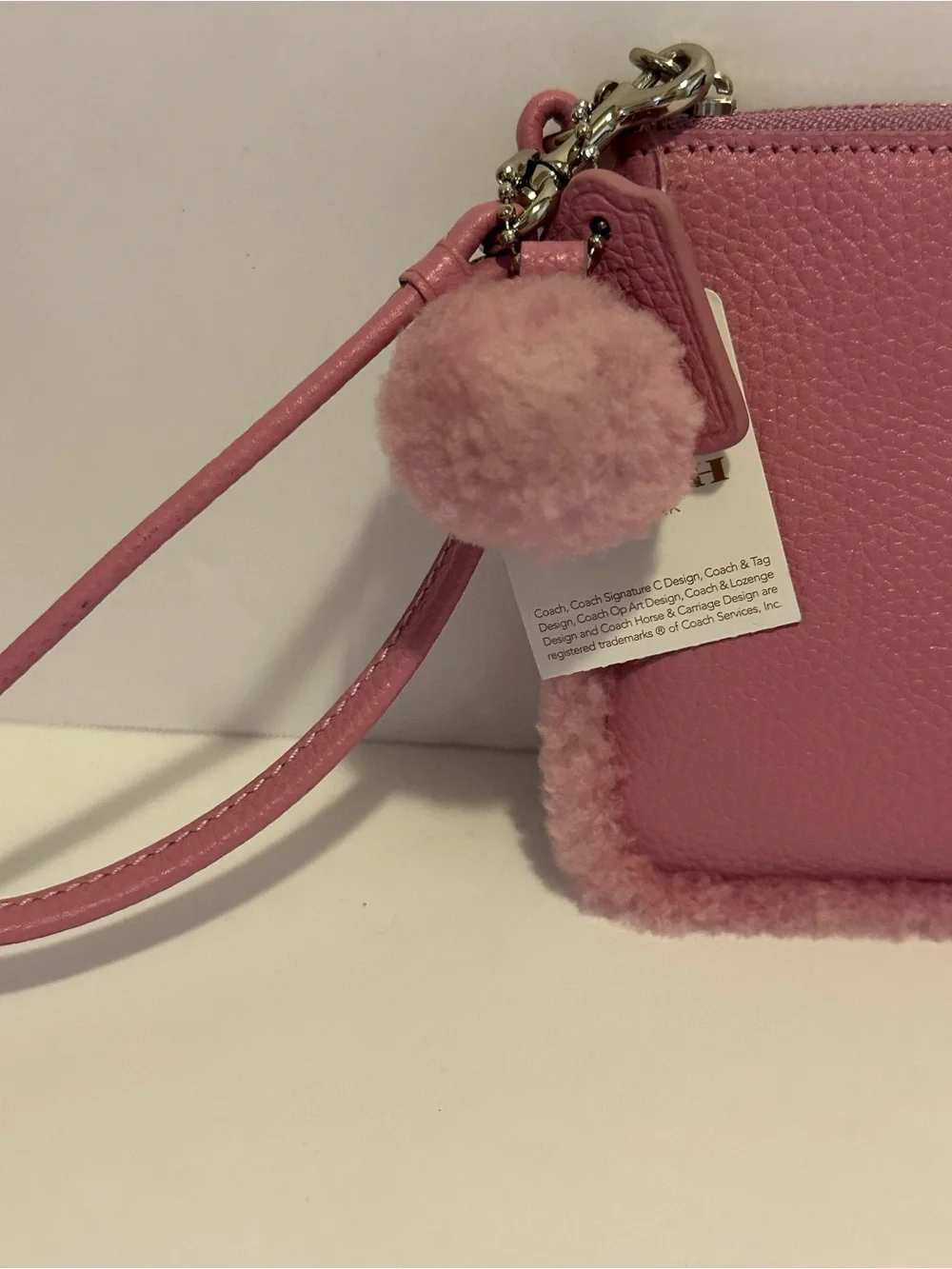 Coach Pink Shearling-Trim Wristlet Pouch
